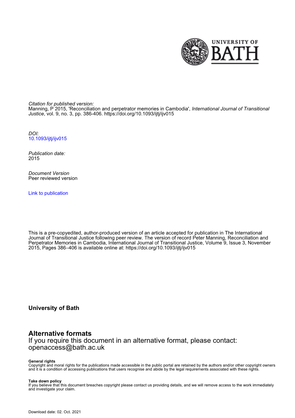 Alternative Formats If You Require This Document in an Alternative Format, Please Contact: Openaccess@Bath.Ac.Uk