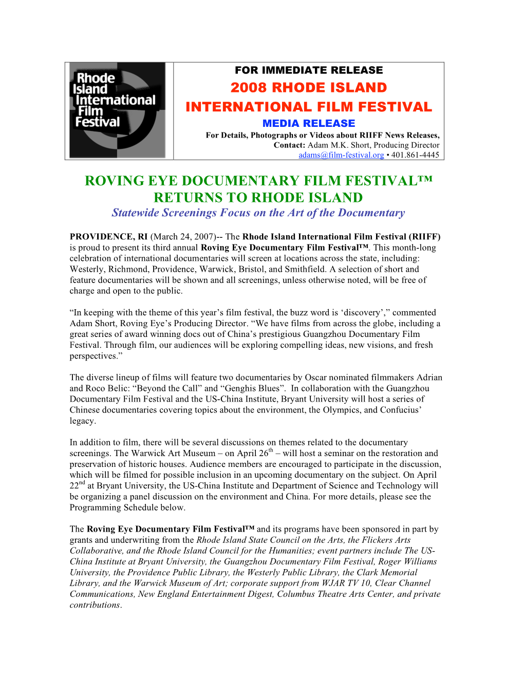 Roving Eye Documentary Film Festival 2008 Programming Schedule