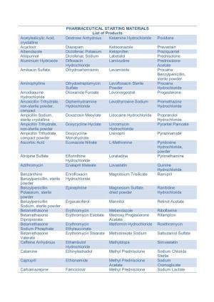 PHARMACEUTICAL STARTING MATERIALS List of Products