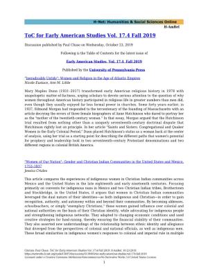 Toc for Early American Studies Vol. 17.4 Fall 2019