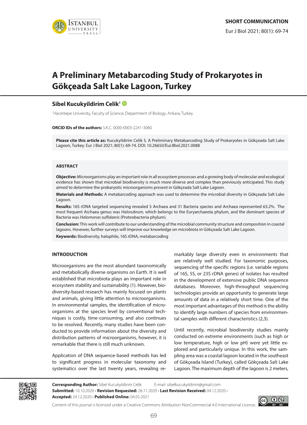 A Preliminary Metabarcoding Study of Prokaryotes in Gökçeada Salt Lake Lagoon, Turkey