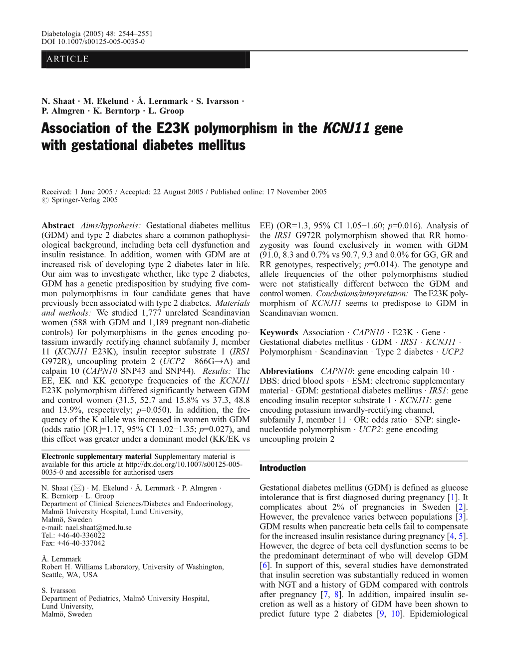 Association of the E23K Polymorphism in the KCNJ11 Gene with Gestational Diabetes Mellitus