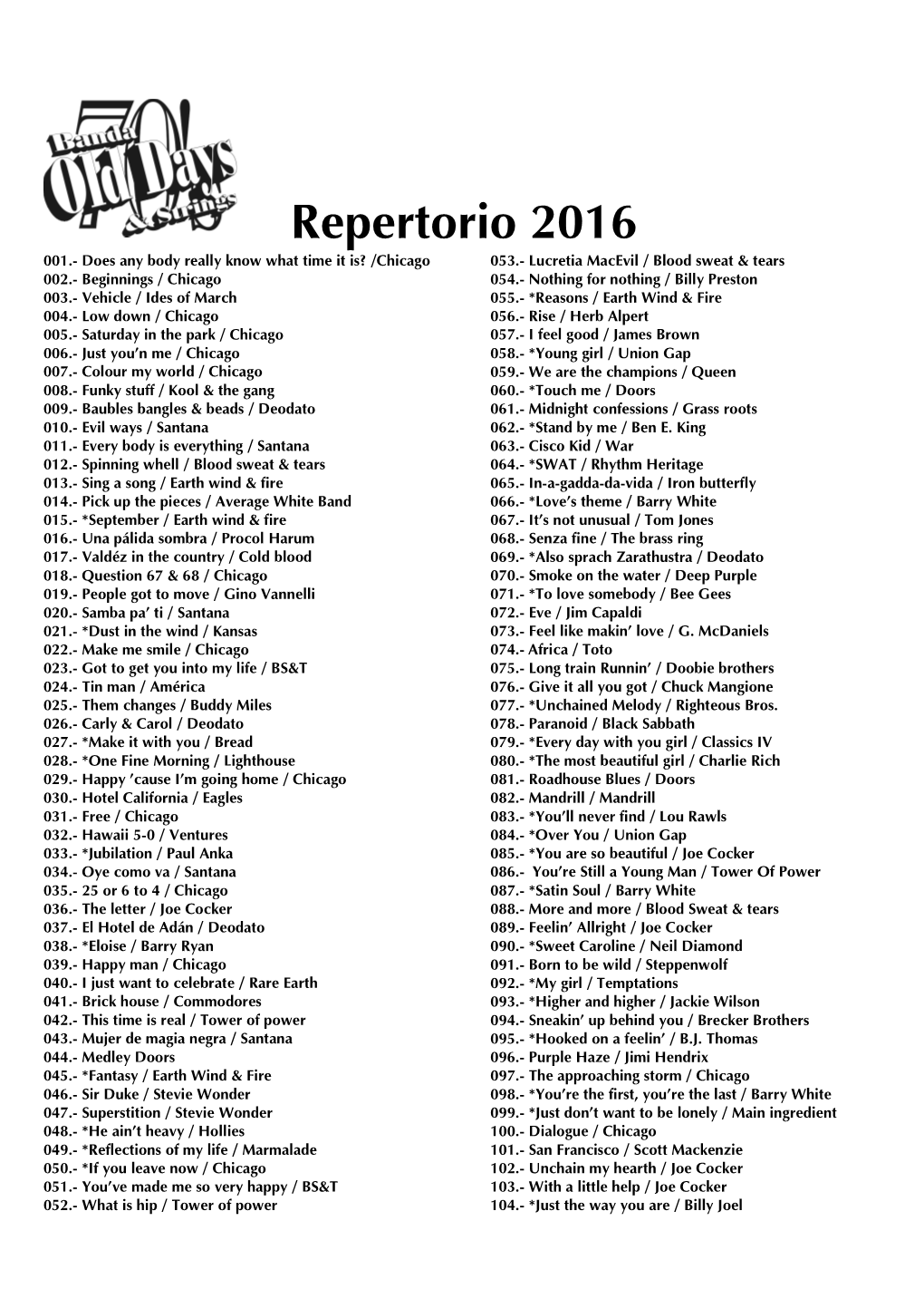 Repertorio Old Days & Strings 2016