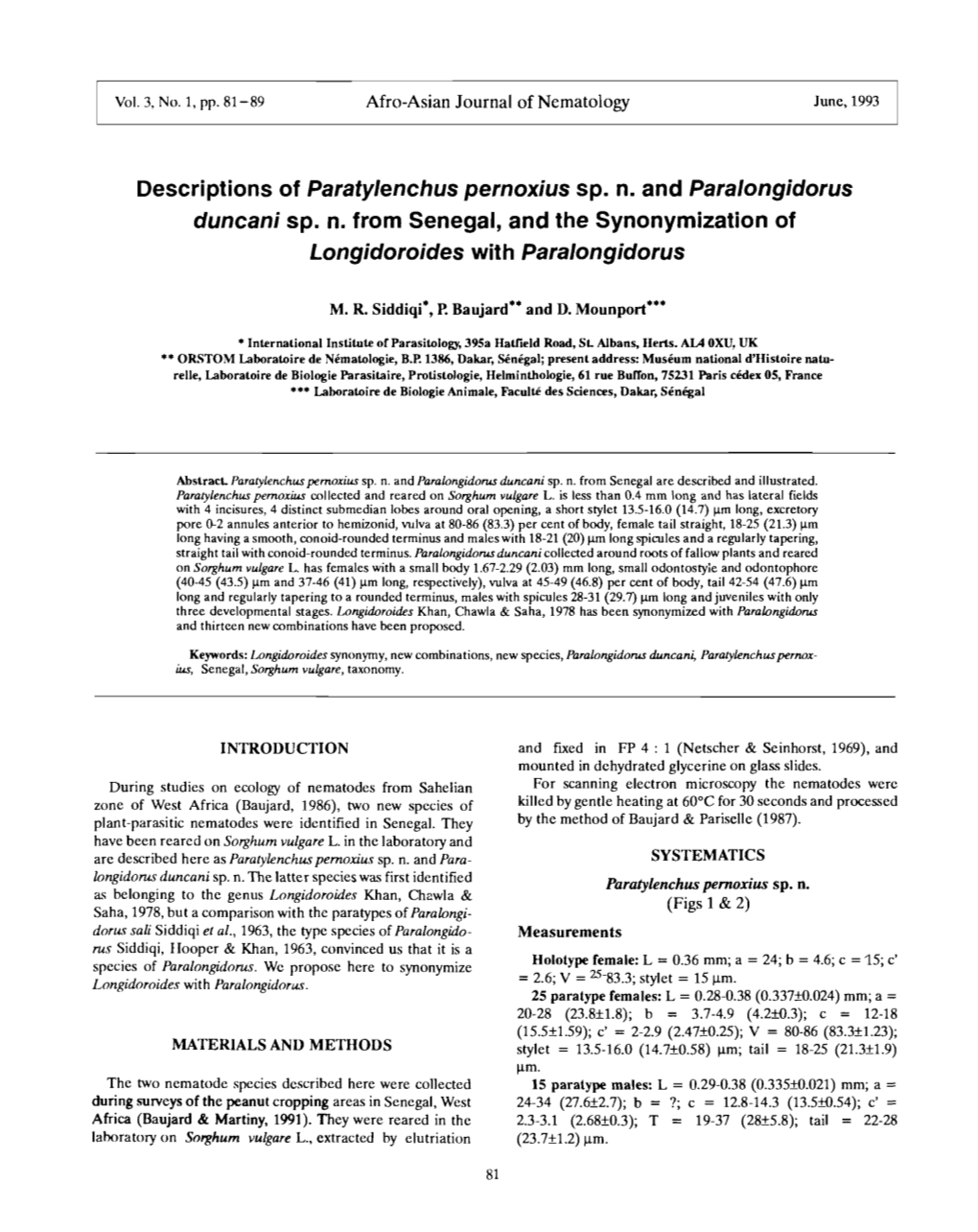 Descriptions of Paratylenchus Pernoxius Sp.N. and Paralongidorus