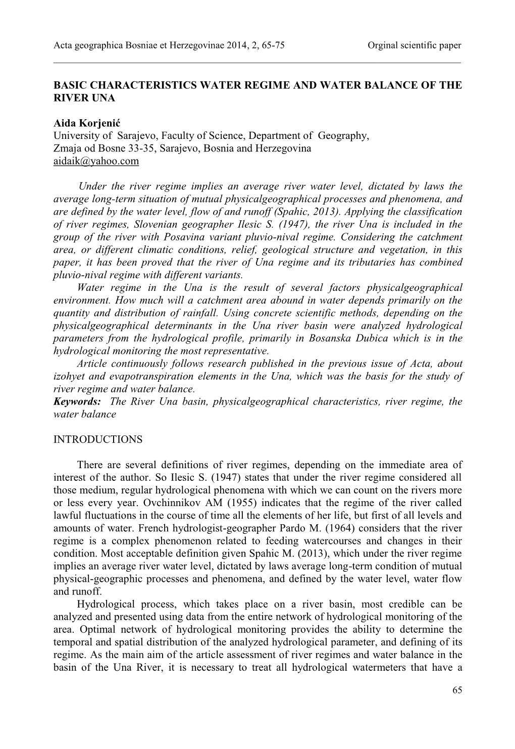 Basic Characteristics Water Regime and Water Balance of the River Una