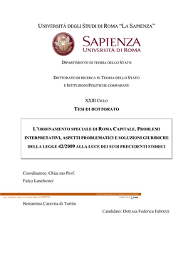 UNIVERSITÀ DEGLI STUDI DI ROMA “LA SAPIENZA XXIII C Coordinatore: Chiar.Mo Prof. Fulco Lanchester Relatore: Chiar.Mo Prof