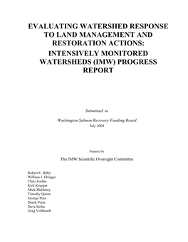 Intensively Monitored Watersheds (Imw) Progress Report