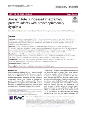 Airway Nitrite Is Increased in Extremely Preterm Infants with Bronchopulmonary Dysplasia Samuel J