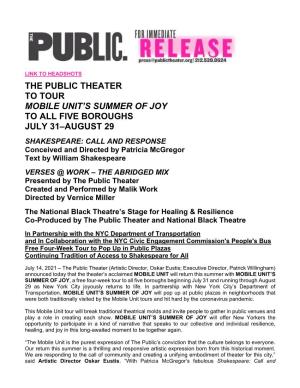 The Public Theater to Tour Mobile Unit's Summer of Joy to All Five Boroughs July 31–August 29