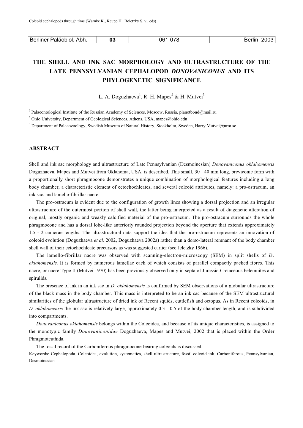 The Shell and Ink Sac Morphology and Ultrastructure of the Late Pennsylvanian Cephalopod Donovaniconus and Its Phylogenetic Significance