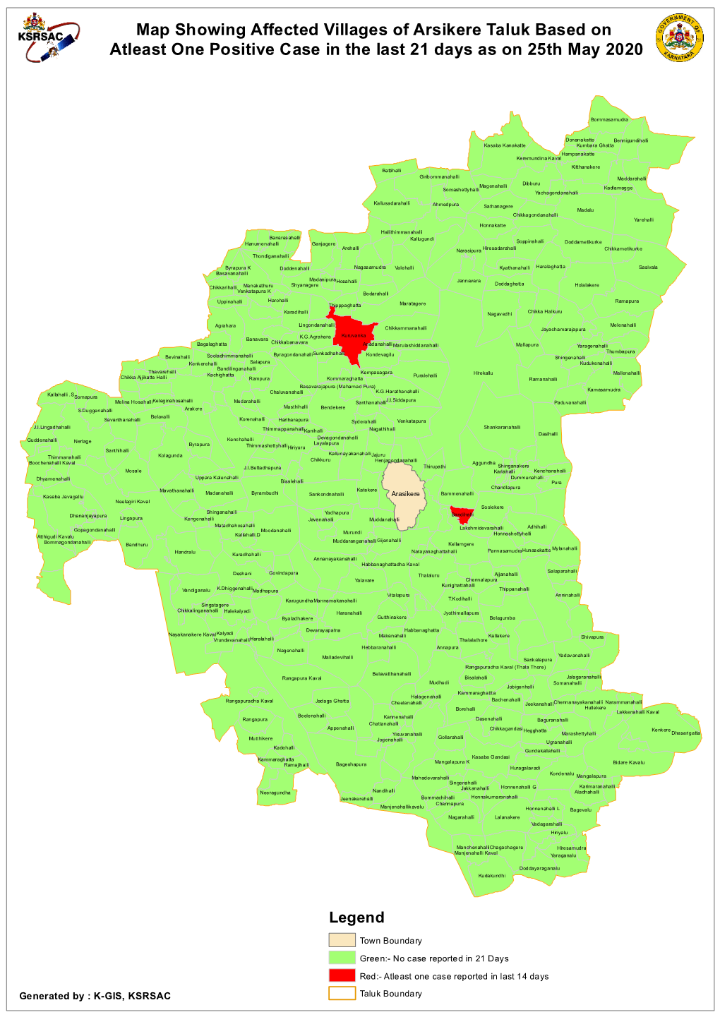 Map Showing Affected Villages of Arsikere Taluk Based on Atleast One Positive Case in the Last 21 Days As on 25Th May 2020