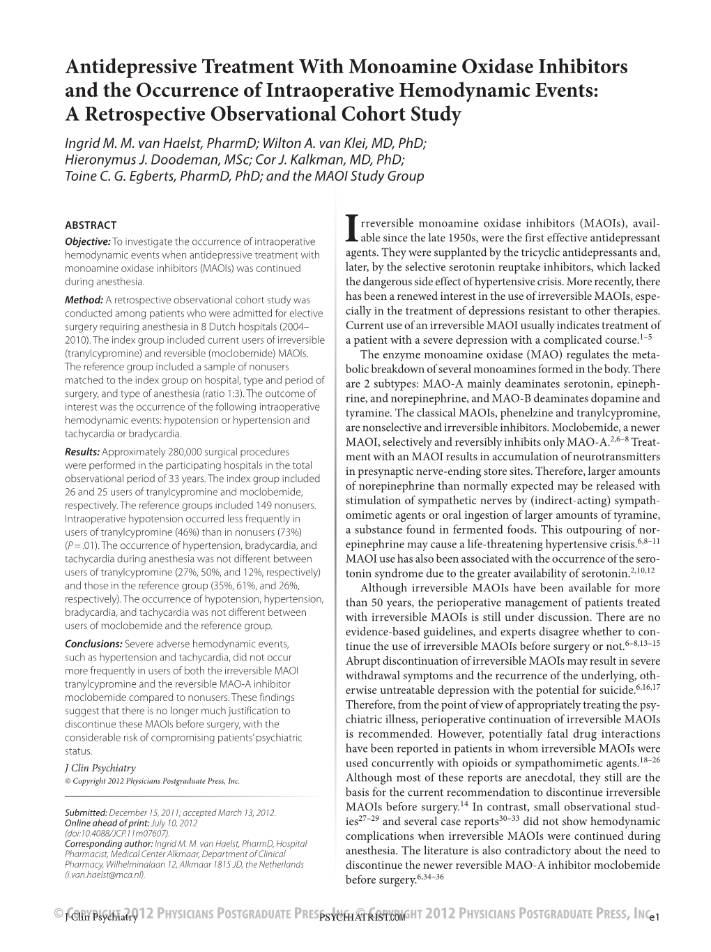 Antidepressive Treatment with Monoamine Oxidase Inhibitors And