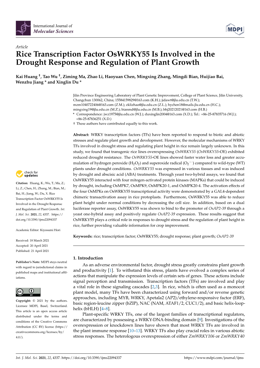 Rice Transcription Factor Oswrky55 Is Involved in the Drought Response and Regulation of Plant Growth