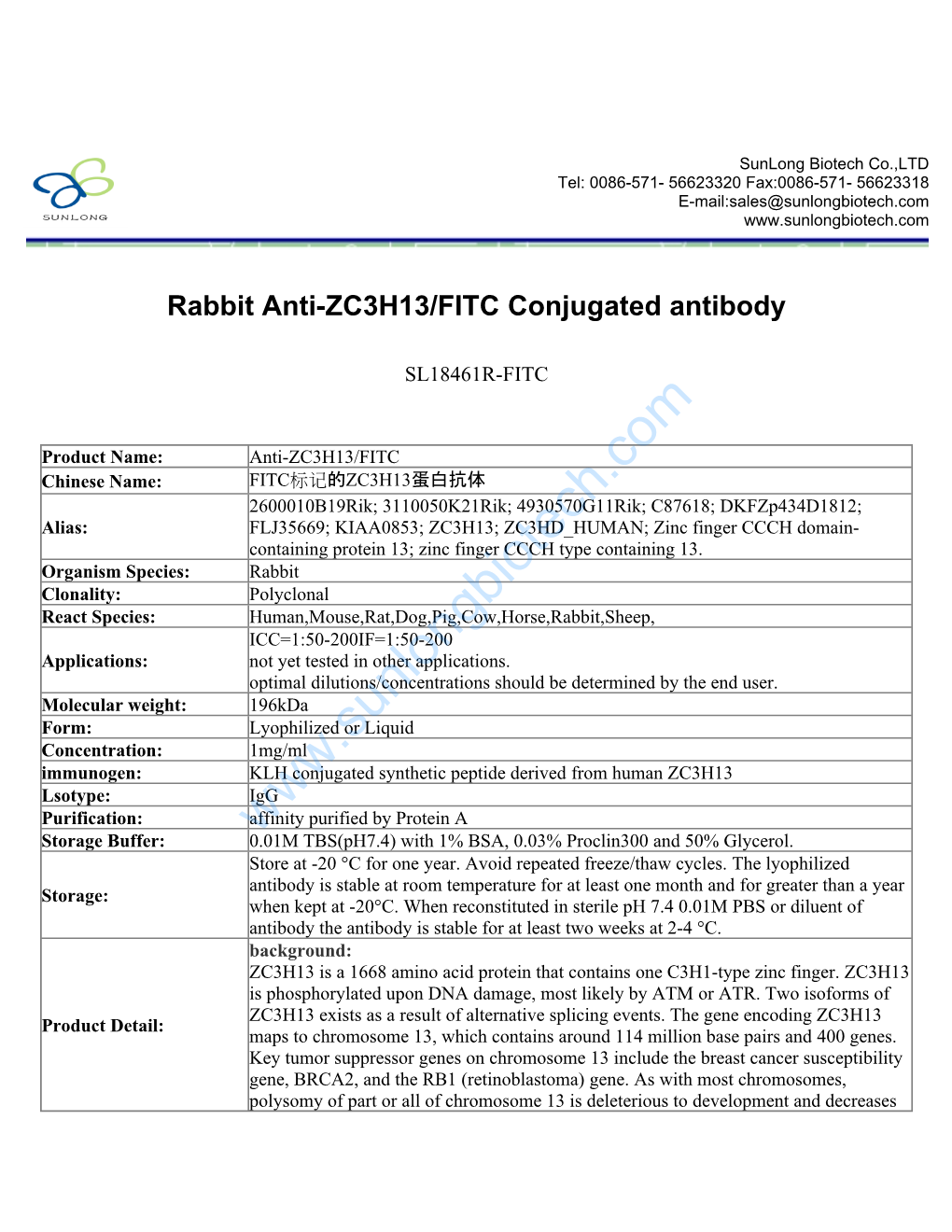 Rabbit Anti-ZC3H13/FITC Conjugated Antibody