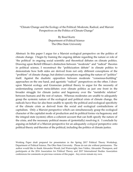Climate Change and the Ecology of the Political: Moderate, Radical, and Marxist Perspectives on the Politics of Climate Change”