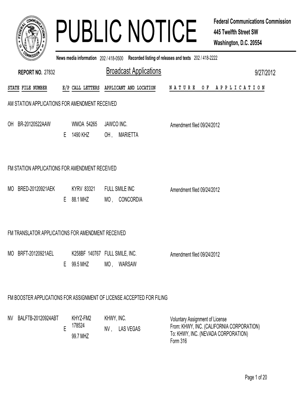 Broadcast Applications 9/27/2012