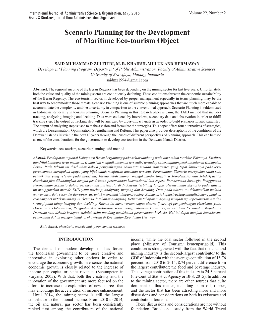 Scenario Planning for the Development of Maritime Eco-Tourism Object