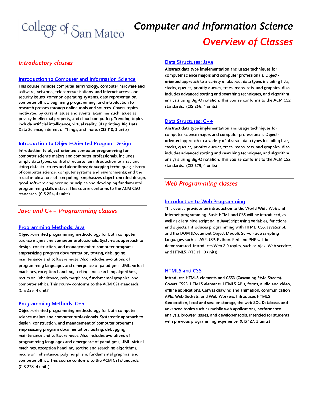 Computer and Information Science Overview of Classes