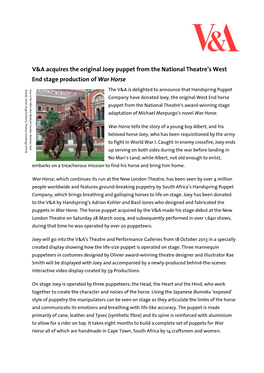 War Horse Joey Puppet Acquisition Press Release