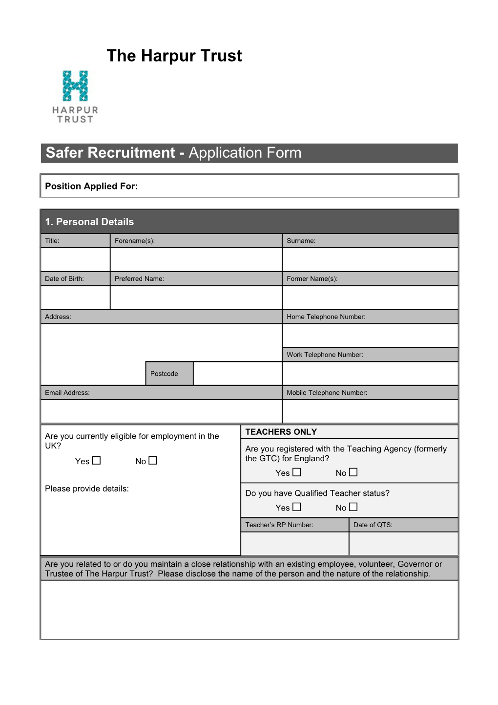 Education Team: Safer Recruitment Pack: Application Form V3.4 Jan-10