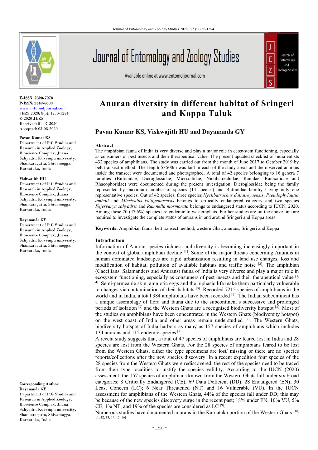 Anuran Diversity in Different Habitat of Sringeri and Koppa Taluk