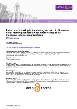Patterns of Thanking in the Closing Section of UK Service Calls: Marking Conversational Macro-Structure Vs Managing Interpersonal Relations DOI: 10.1075/Ps.7.4.07Mos