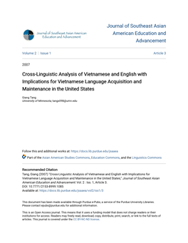 Cross-Linguistic Analysis of Vietnamese and English with Implications for Vietnamese Language Acquisition and Maintenance in the United States