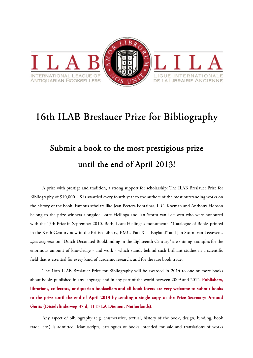 16Th ILAB Breslauer Prize for Bibliography