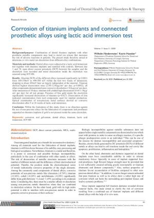 Corrosion of Titanium Implants and Connected Prosthetic Alloys Using Lactic Acid Immersion Test