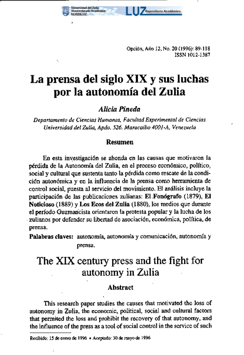 La Prensa Del Siglo XIX Y Sus Luchas Por La Autonomía Del Zulia