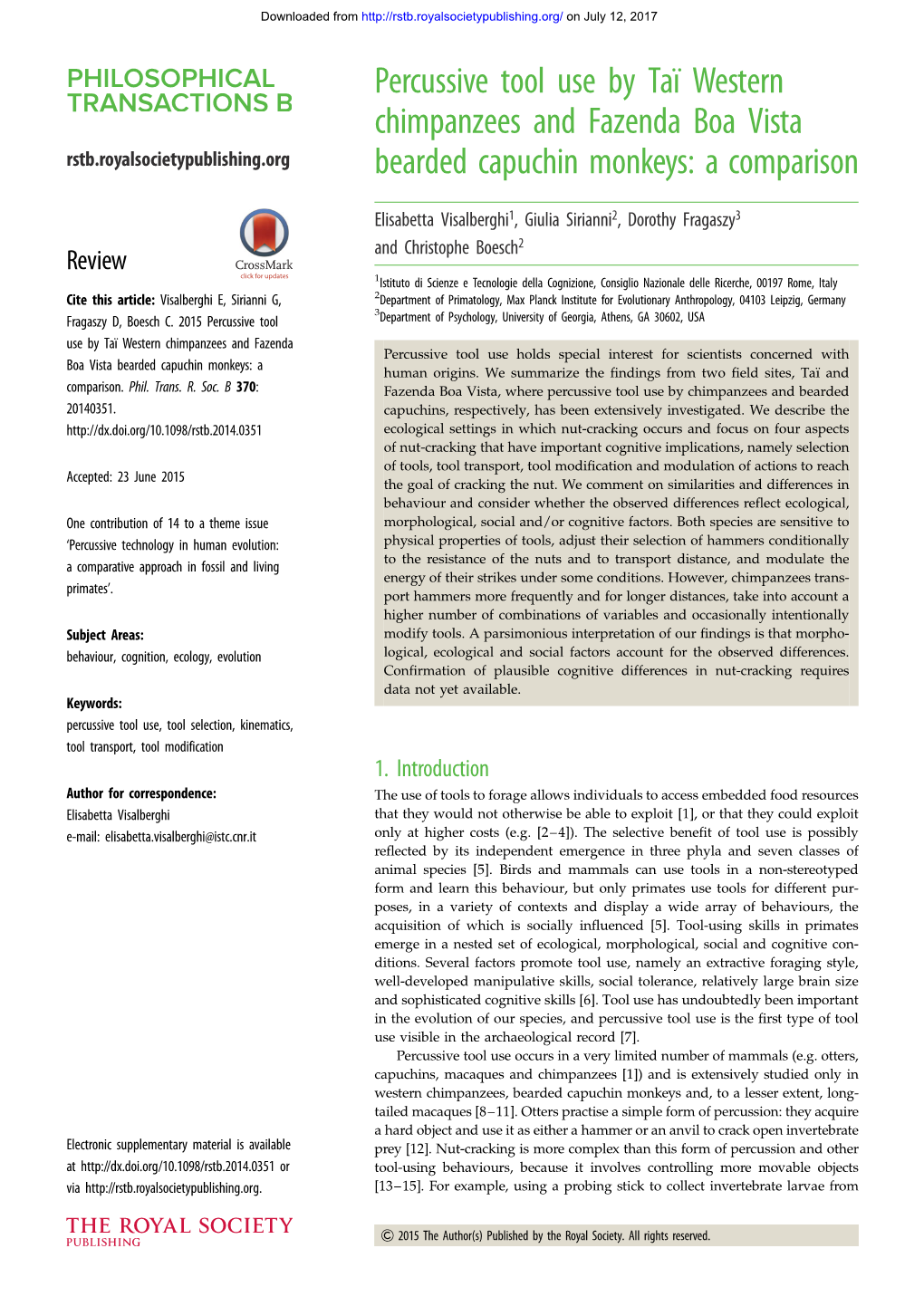 Percussive Tool Use by Taı Western Chimpanzees and Fazenda Boa Vista