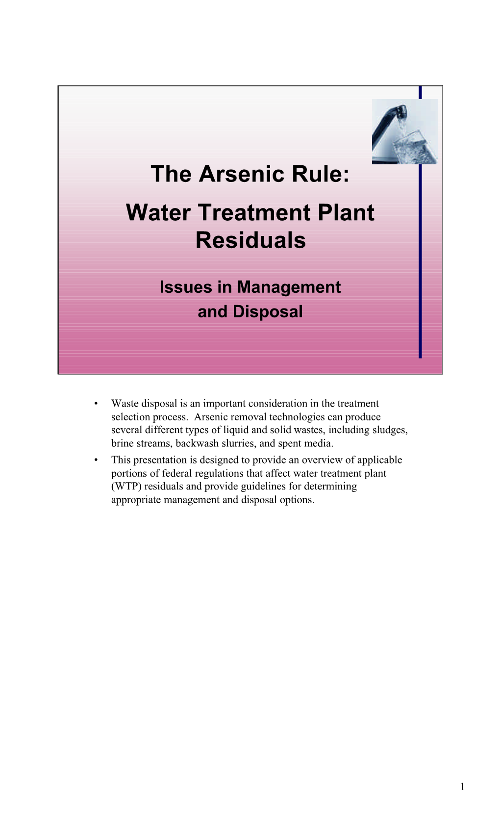 The Arsenic Rule: Water Treatment Plant Residuals