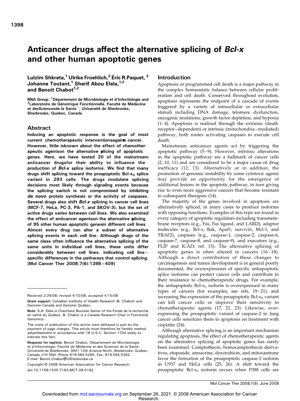 Anticancer Drugs Affect the Alternative Splicing of Bcl-X and Other Human Apoptotic Genes