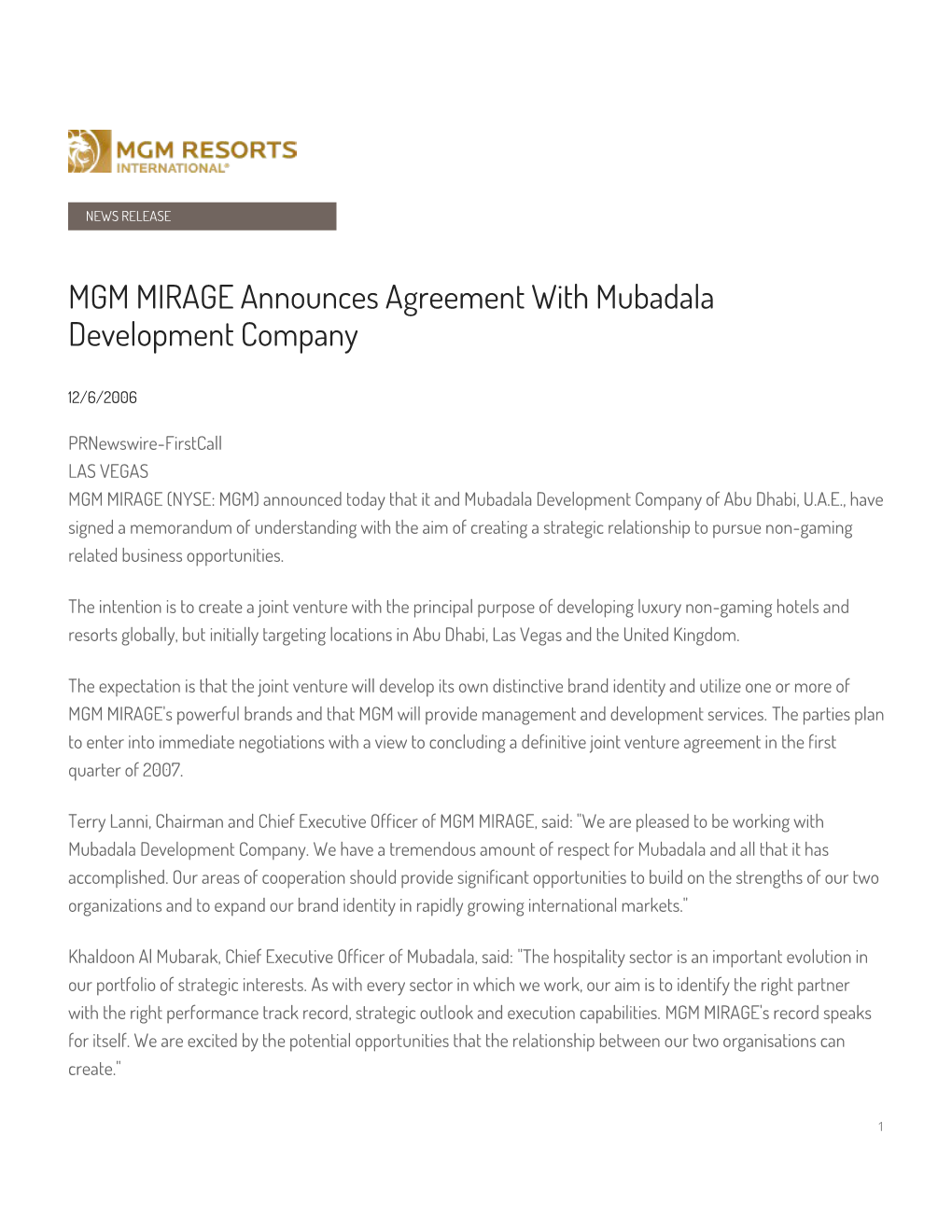 MGM MIRAGE Announces Agreement with Mubadala Development Company