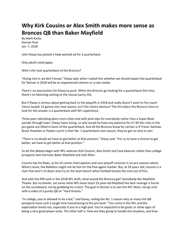 Why Kirk Cousins Or Alex Smith Makes More Sense As Broncos QB Than Baker Mayfield by Mark Kiszla Denver Post Jan