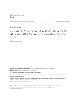 New Music at Lawrence, Steve Reich, Music for 18 Musicians: 40Th Anniversary Celebration, April 24, 2016 Lawrence University