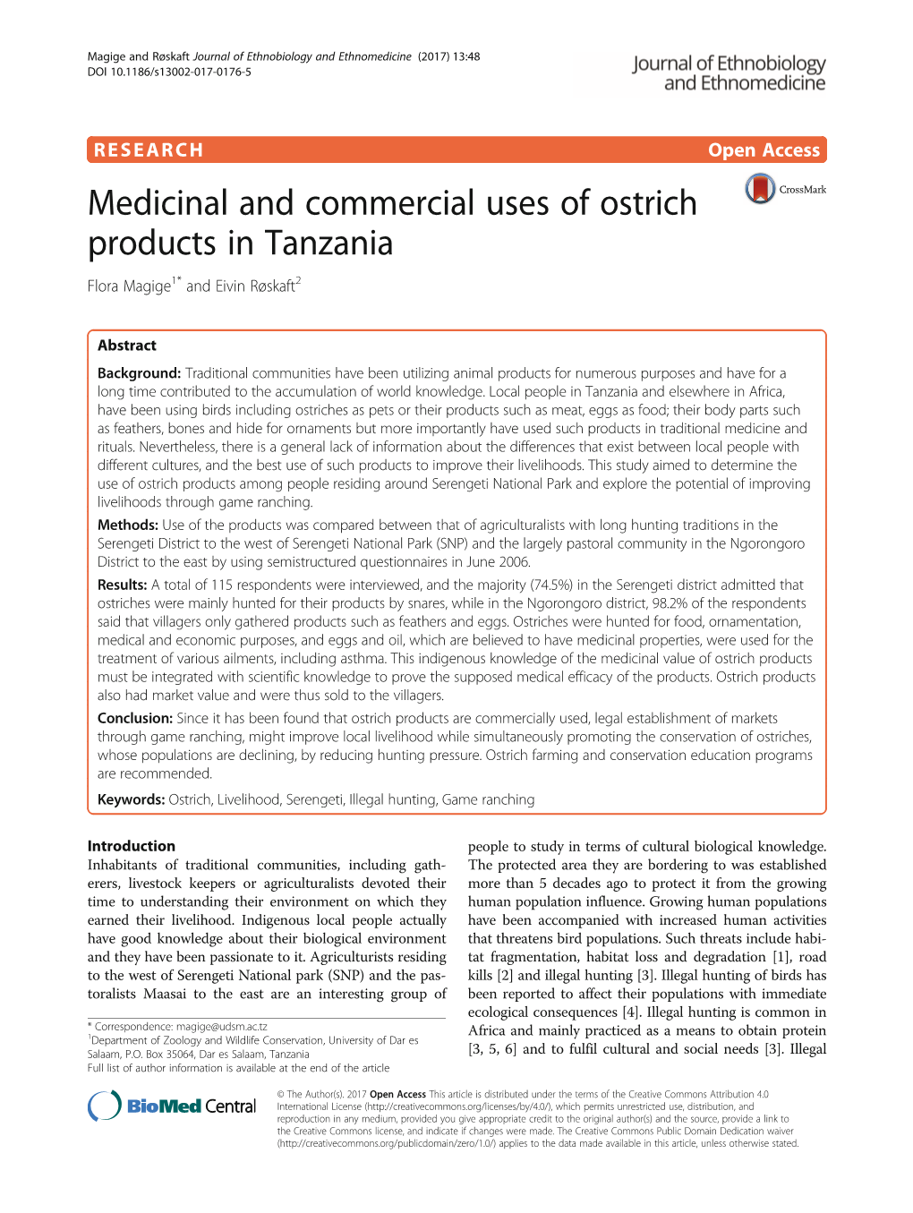 Medicinal and Commercial Uses of Ostrich Products in Tanzania Flora Magige1* and Eivin Røskaft2