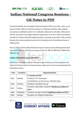 Indian National Congress Sessions - GK Notes in PDF