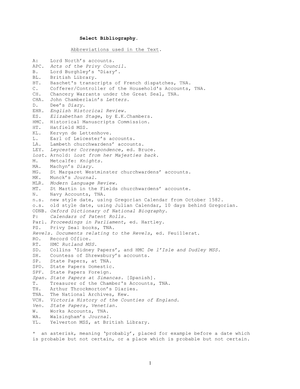 CHRONOLOGY of QUEEN ELIZABETH I's PROGRESSES AND