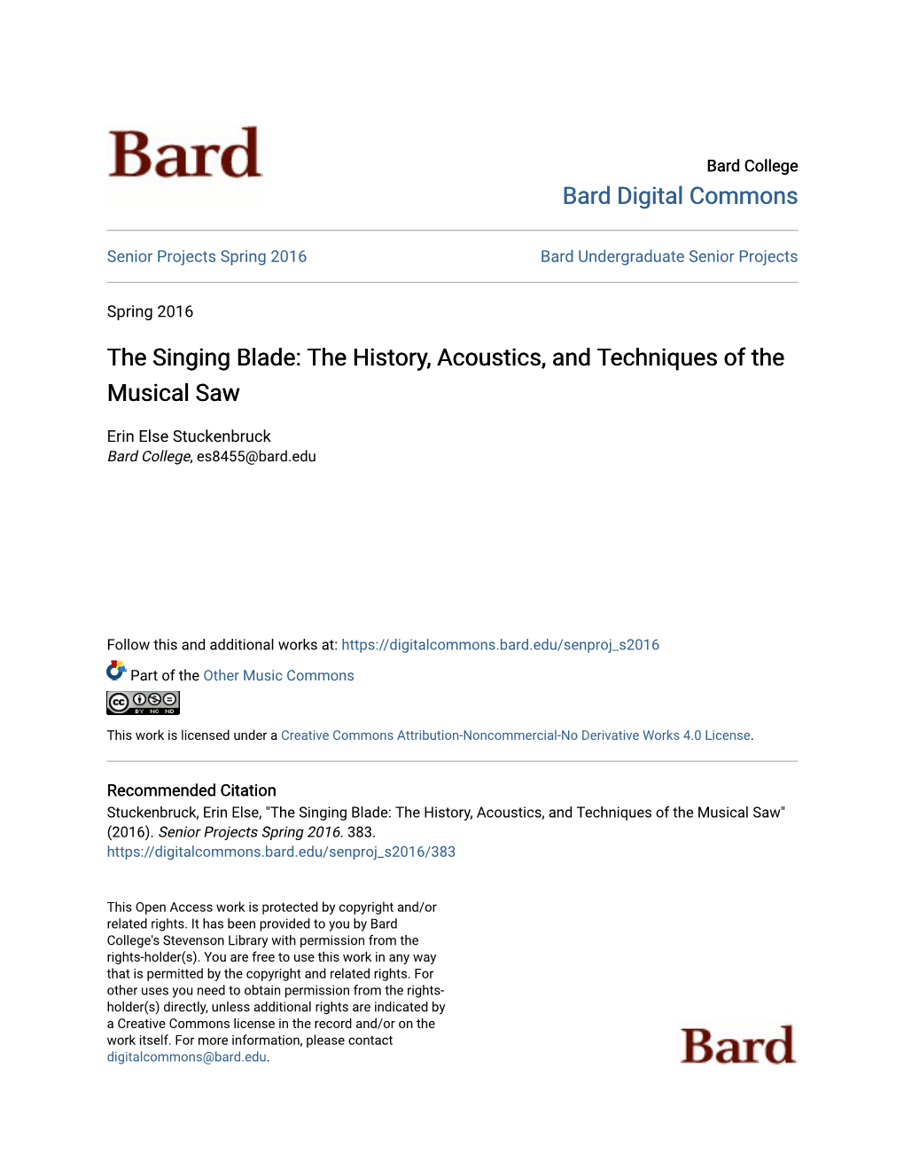 The Singing Blade: the History, Acoustics, and Techniques of the Musical Saw