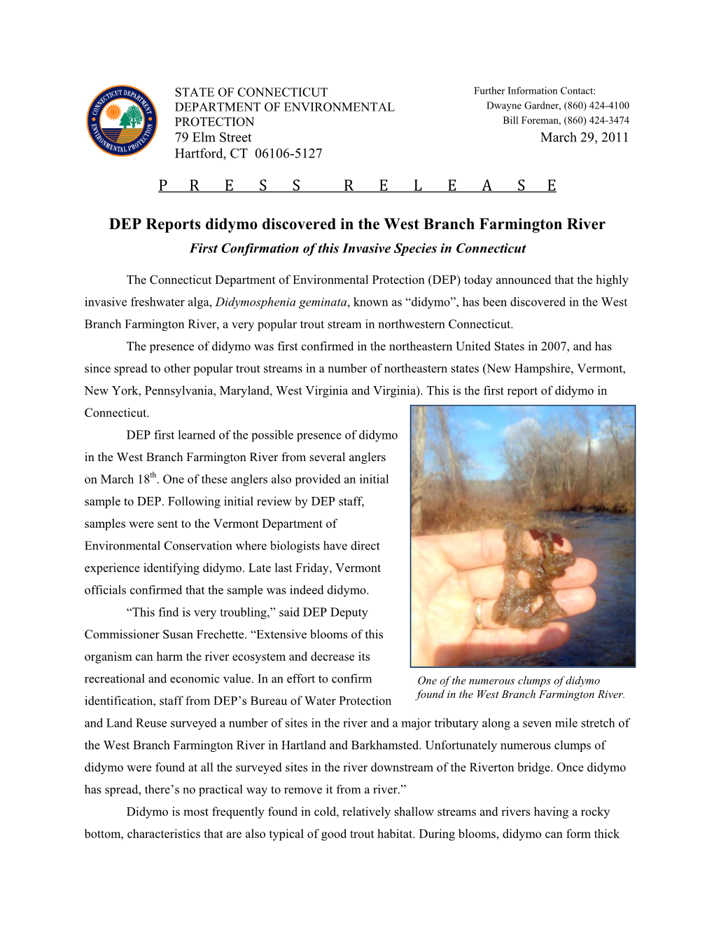 Ct Deep Press Release on the Invasive Algae, Didymo Found on The