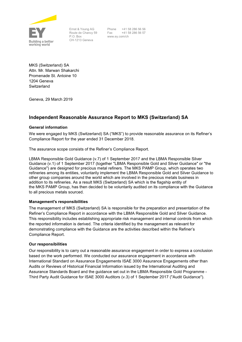 (Switzerland) SA LBMA Independent Limited Assurance Report