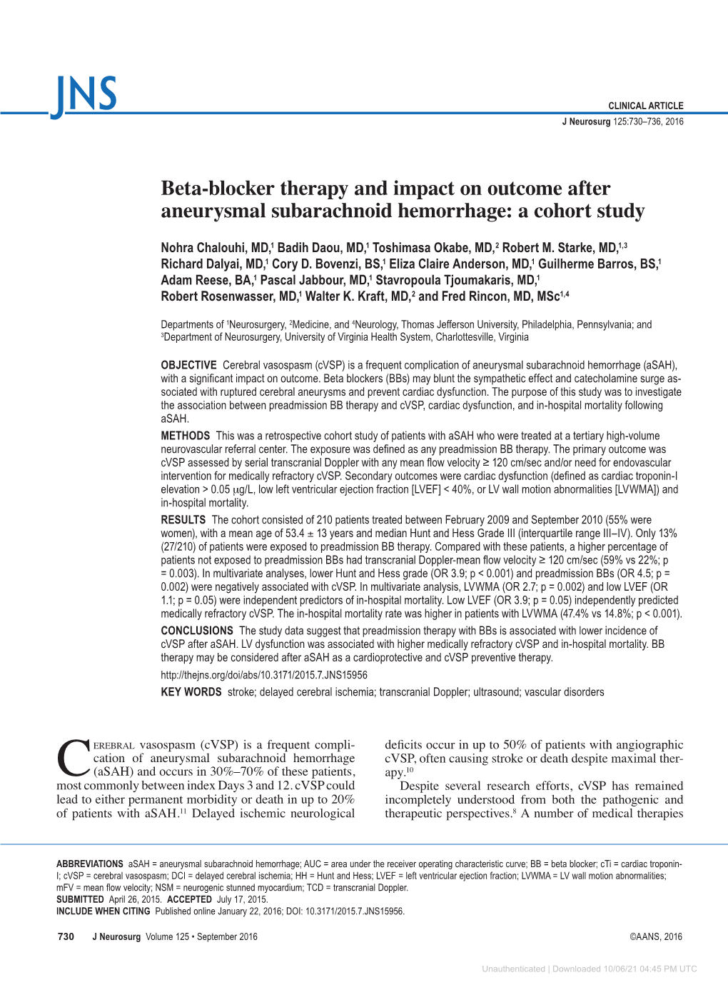 Beta-Blocker Therapy and Impact on Outcome After Aneurysmal Subarachnoid Hemorrhage: a Cohort Study