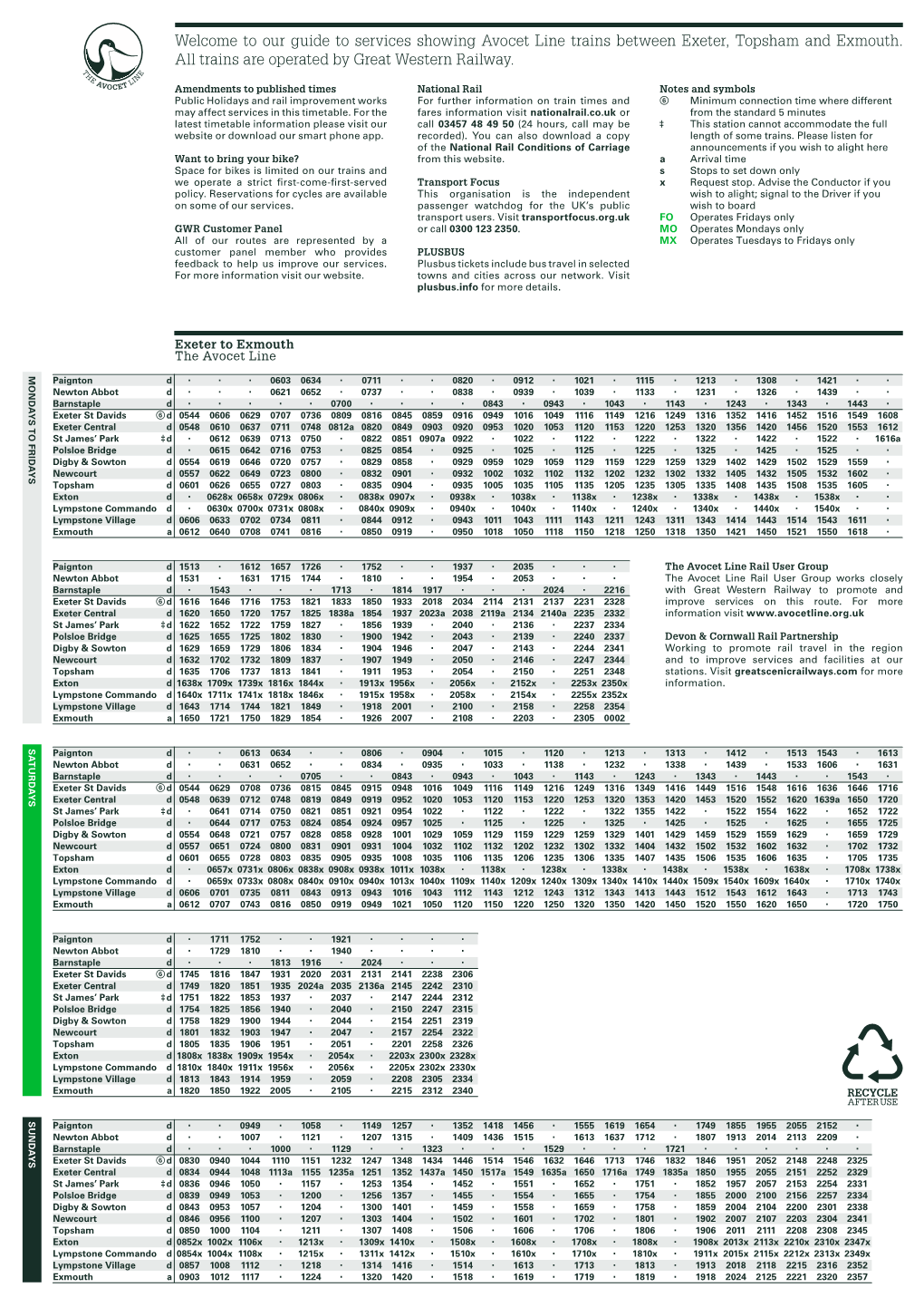 Welcome to Our Guide to Services Showing Avocet Line Trains Between Exeter, Topsham and Exmouth