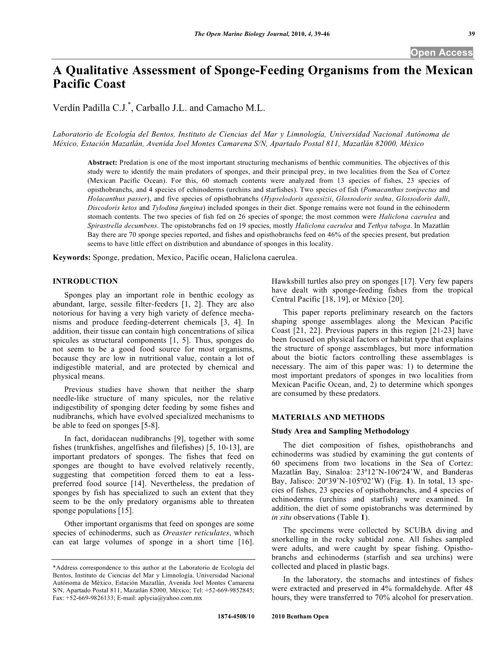 A Qualitative Assessment of Sponge-Feeding Organisms from the Mexican Pacific Coast