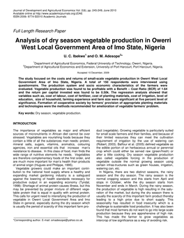 Analysis of Dry Season Vegetable Production in Owerri West Local Government Area of Imo State, Nigeria
