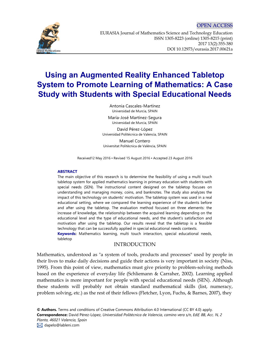 Using an Augmented Reality Enhanced Tabletop System to Promote Learning of Mathematics: a Case Study with Students with Special Educational Needs