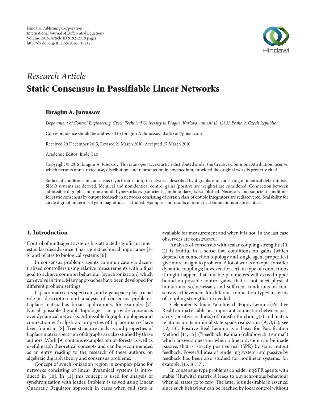 Research Article Static Consensus in Passifiable Linear Networks