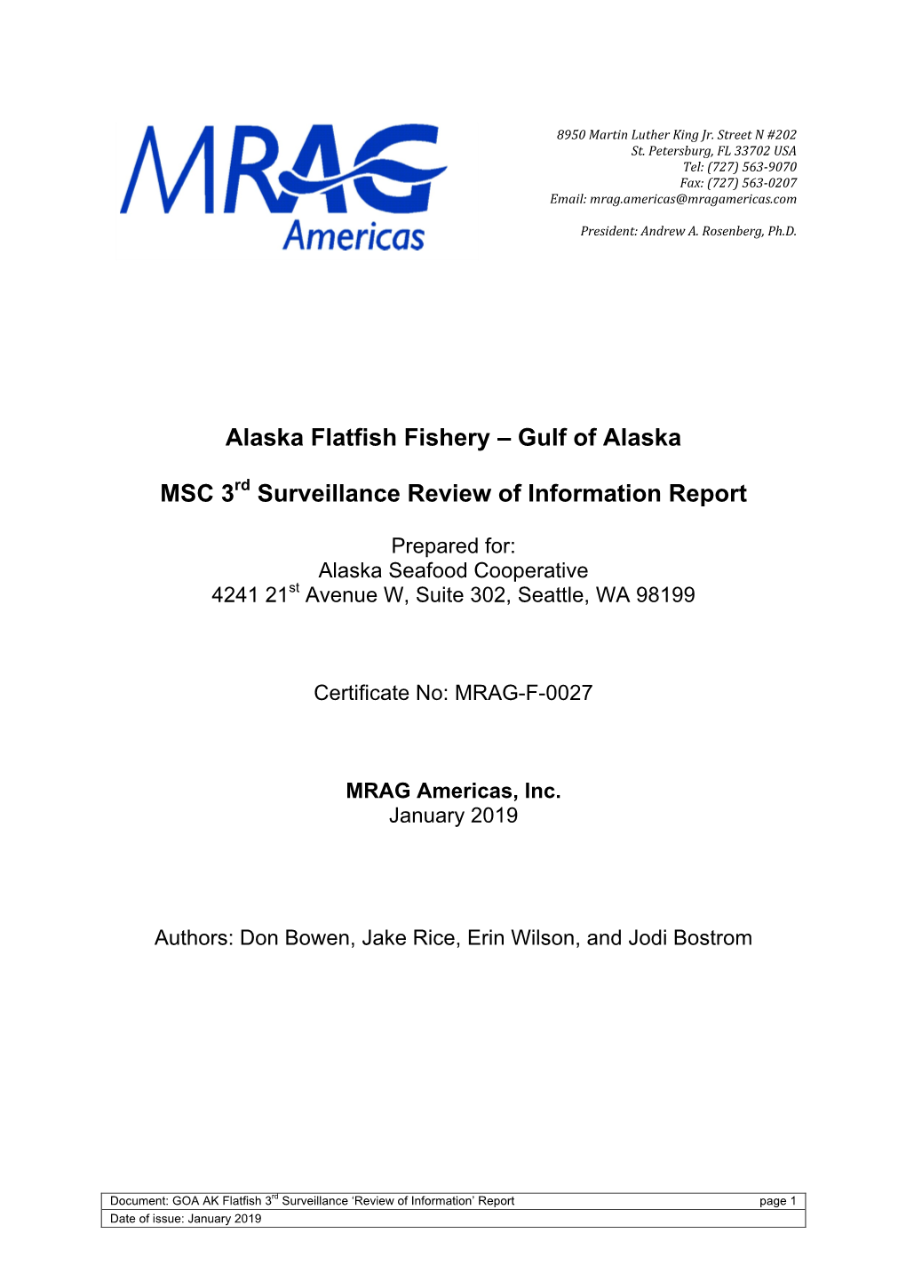 Alaska Flatfish Fishery – Gulf of Alaska MSC 3Rd Surveillance