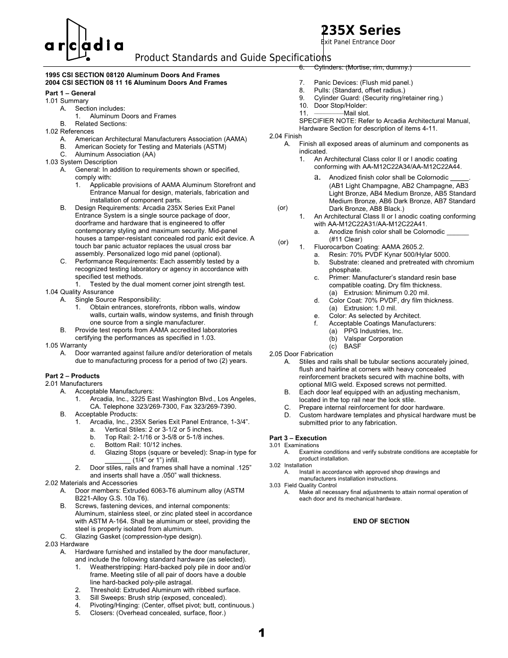 1995 CSI SECTION 08120 Aluminum Doors and Frames